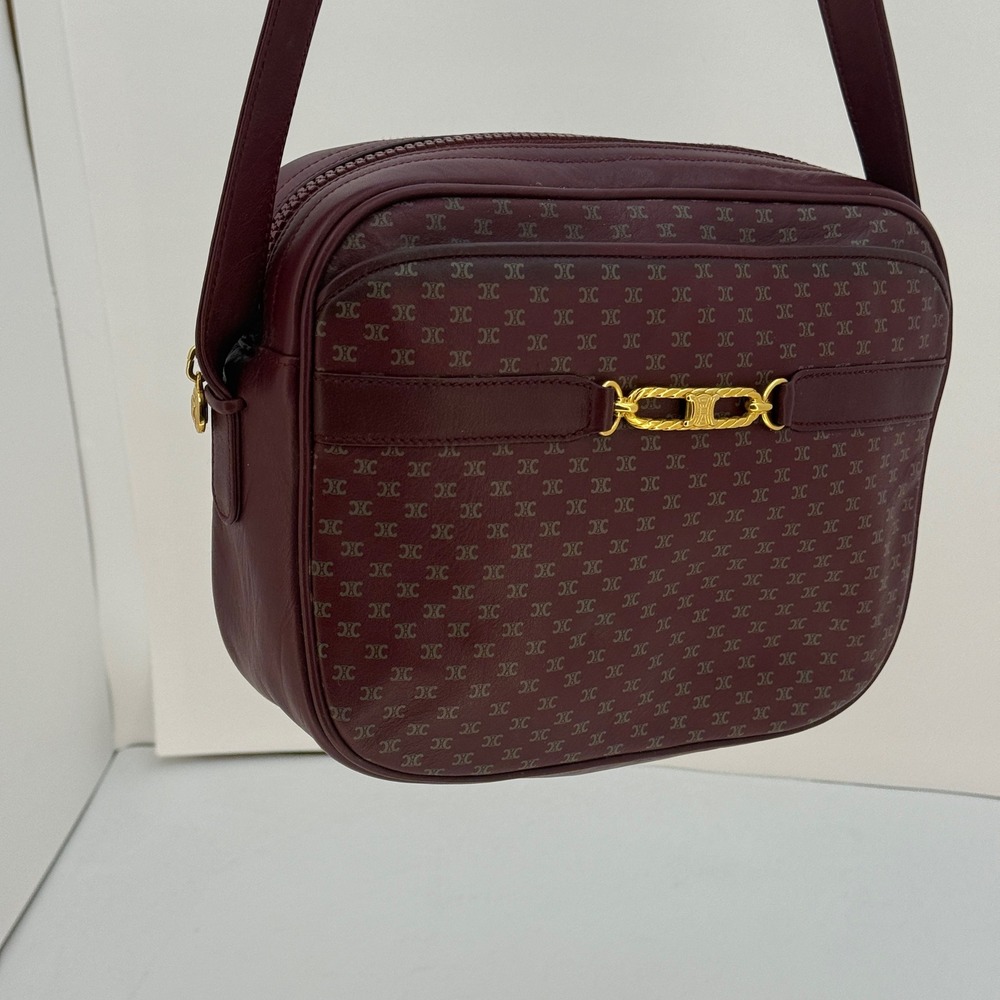 RARE Celine Diffusion Vintage Macadam Monogram Burgundy Leather Crossbody‎ Bag